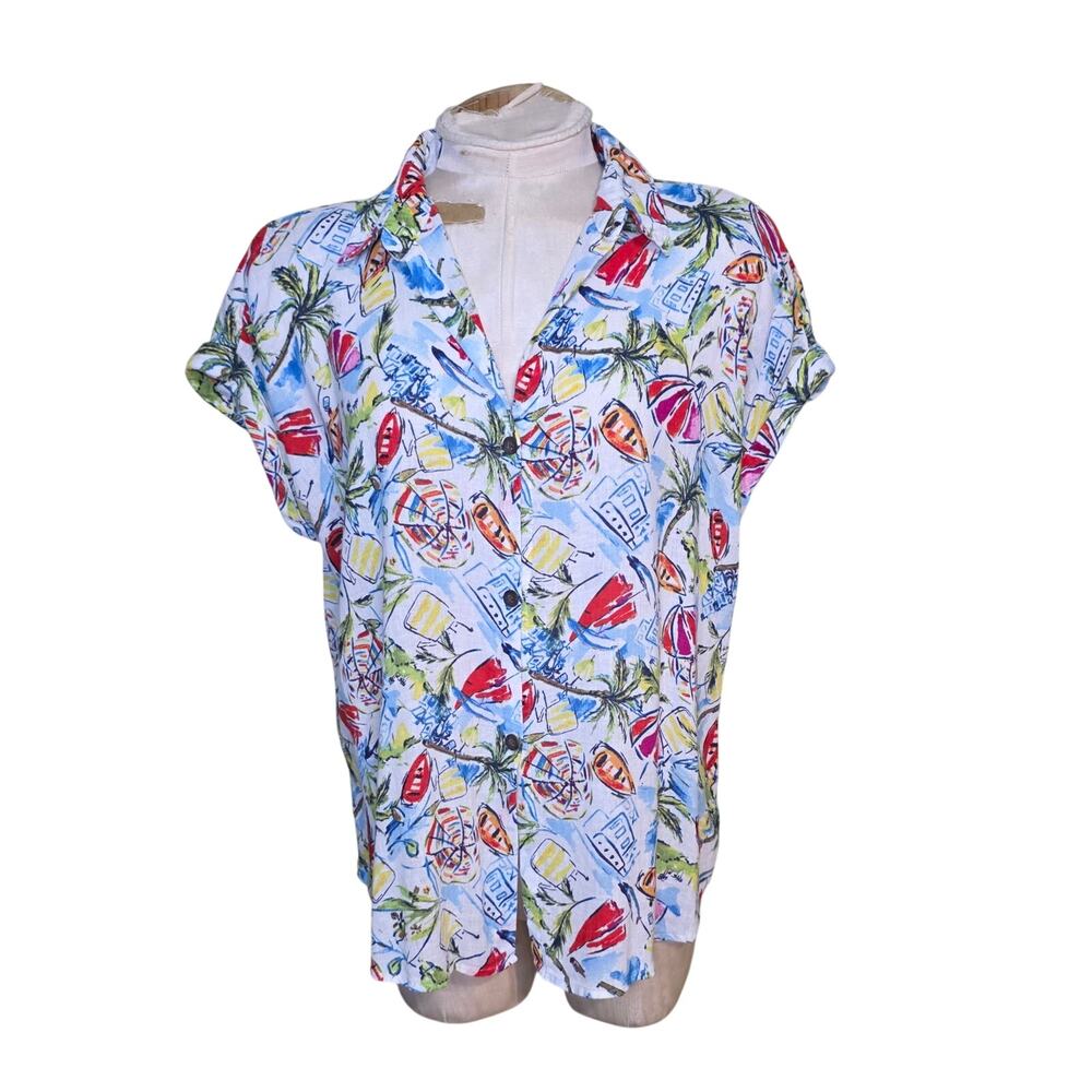 Sonoma Linen Blend Womens Top Button Up Hawaiian Caribbean Tropical Vacation s‎